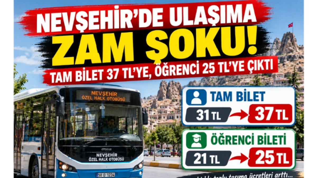 NEVŞEHİR&rsquo;DE ULAŞIMA ZAM ŞOKU! TAM BİLET 37 TL&rsquo;YE, &Ouml;ĞRENCİ 25 TL&rsquo;YE &Ccedil;IKTI